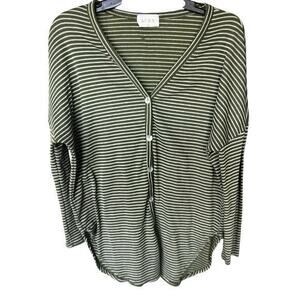 AURA The label Green ribbed striped Beachy cardigan oyster shell buttons Sz L